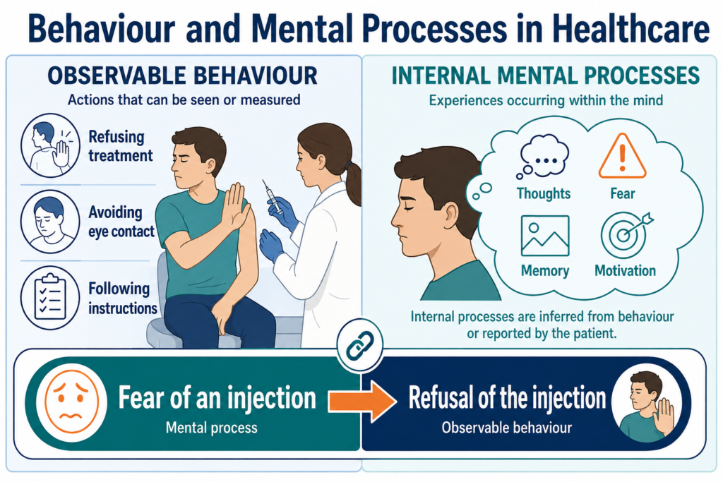 Difference between observable behaviour and internal mental processes in healthcare