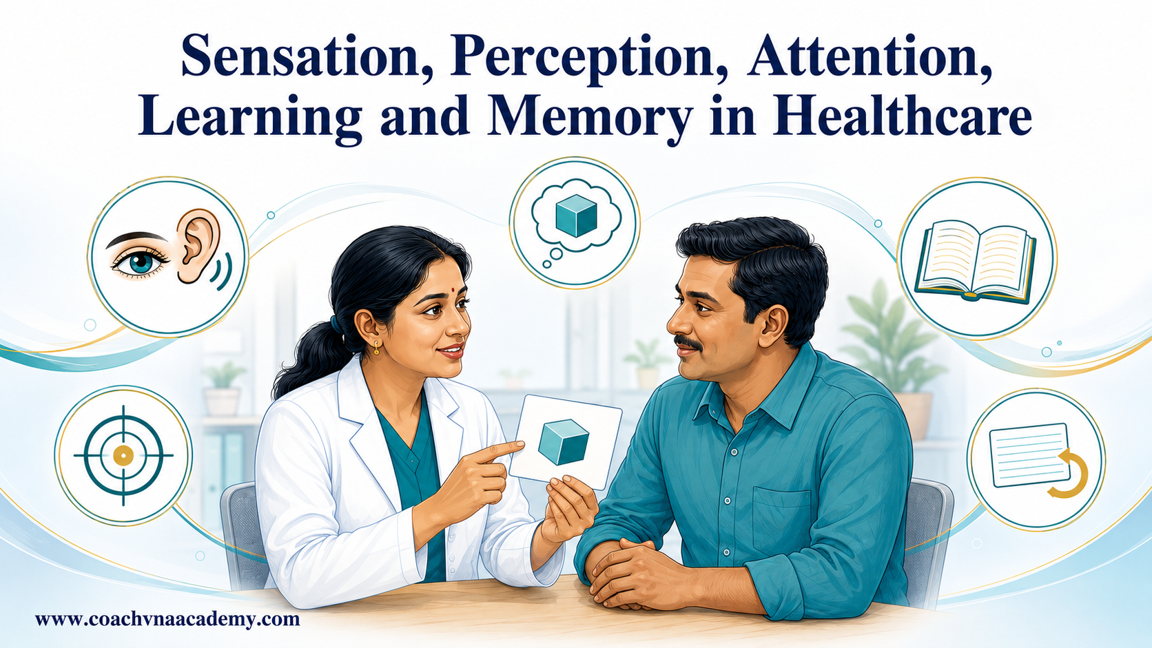 Pharmacist explains information to a patient, with symbols for sensory access, attention, practice and remembering.