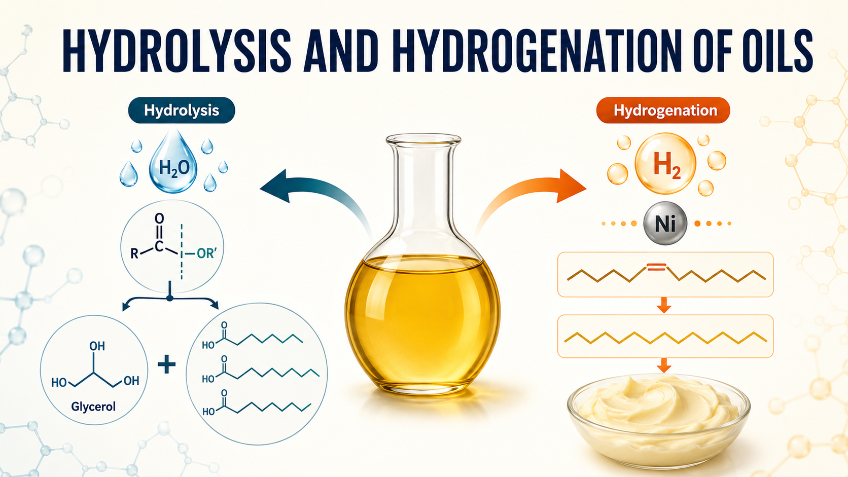 Hydrolysis and hydrogenation of oils comparison showing reactions, conditions, products, iodine value changes, and applications