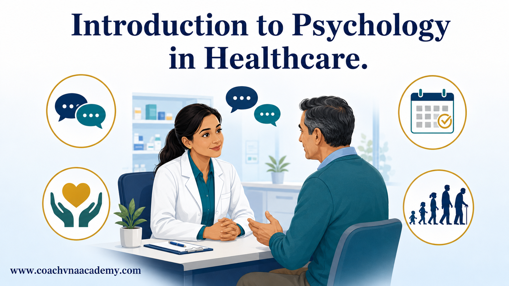 Pharmacist listening to a patient, with visual cues for psychological assessment, coping, routines and development.