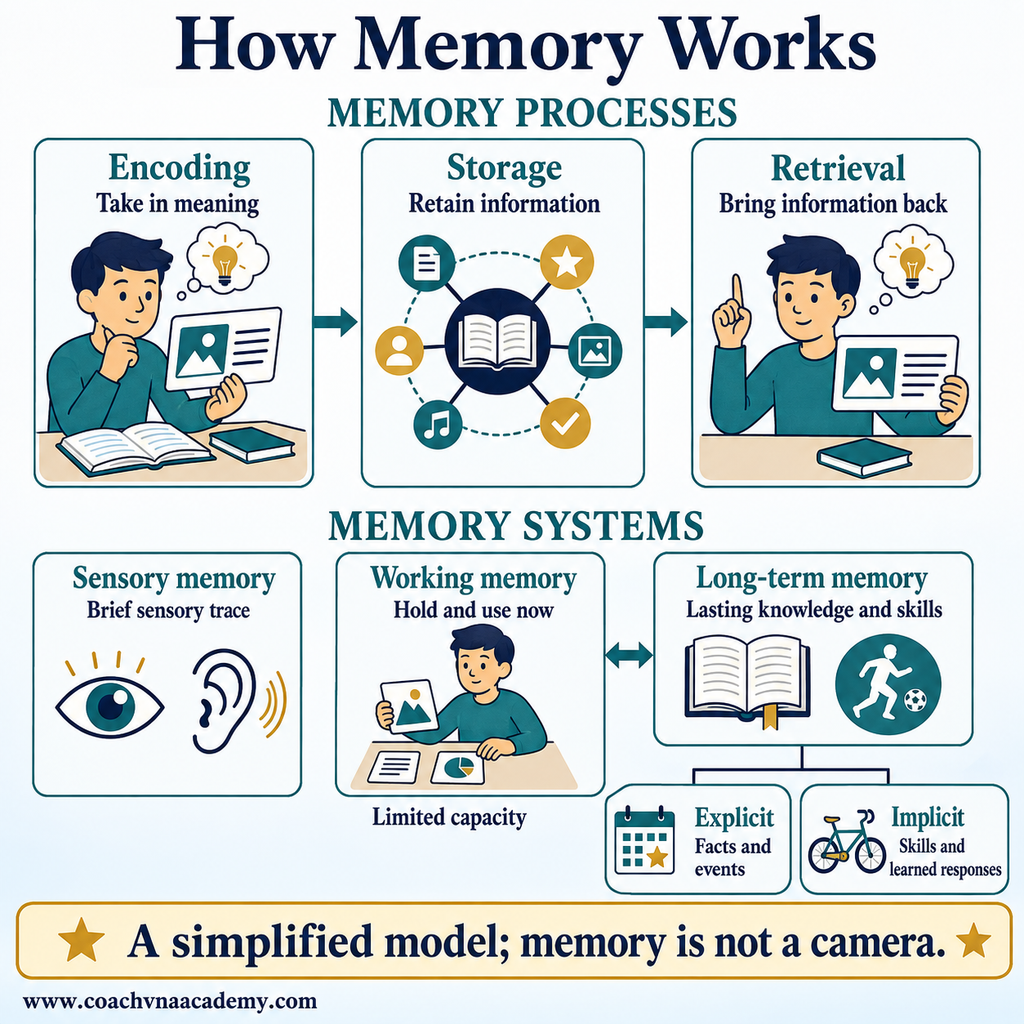 Memory diagram distinguishes encoding, storage and retrieval, with sensory, working and long-term memory labels.