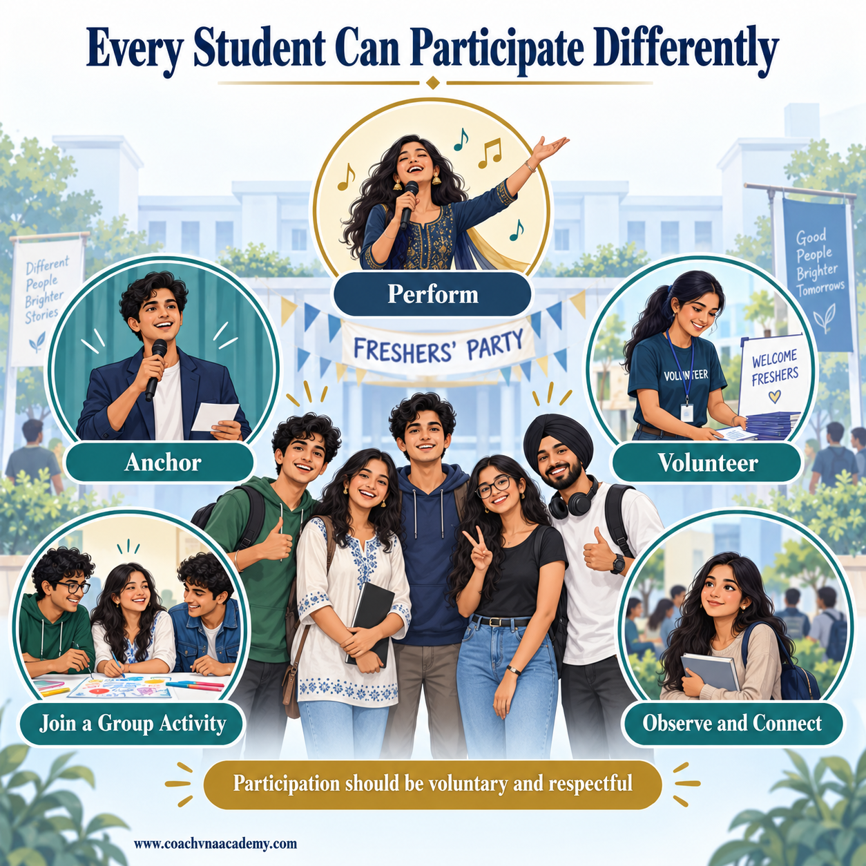First-year students choosing performance, anchoring, volunteering, group activity or observation at a college Freshers' Party