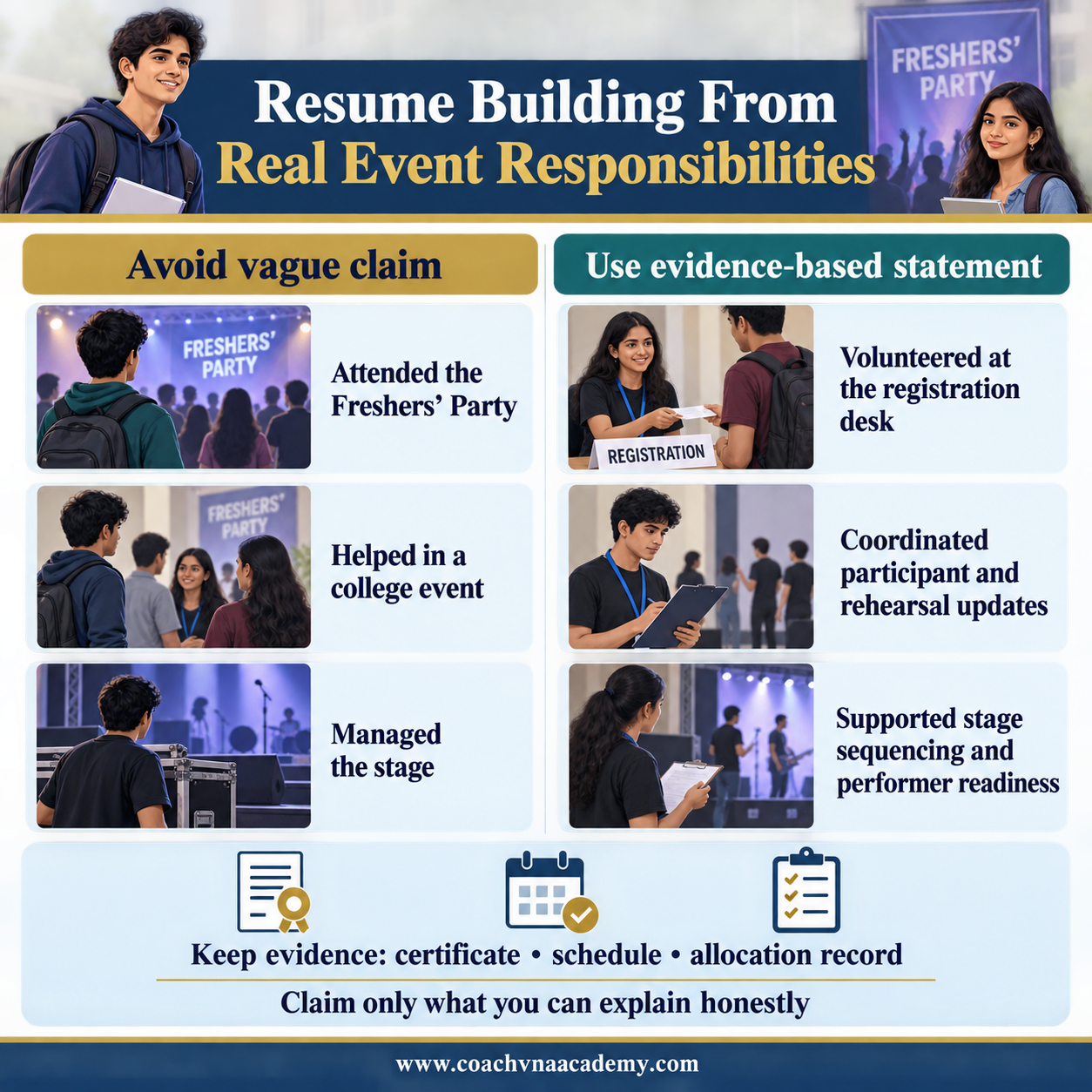 Examples of honest resume statements based on genuine college event responsibilities