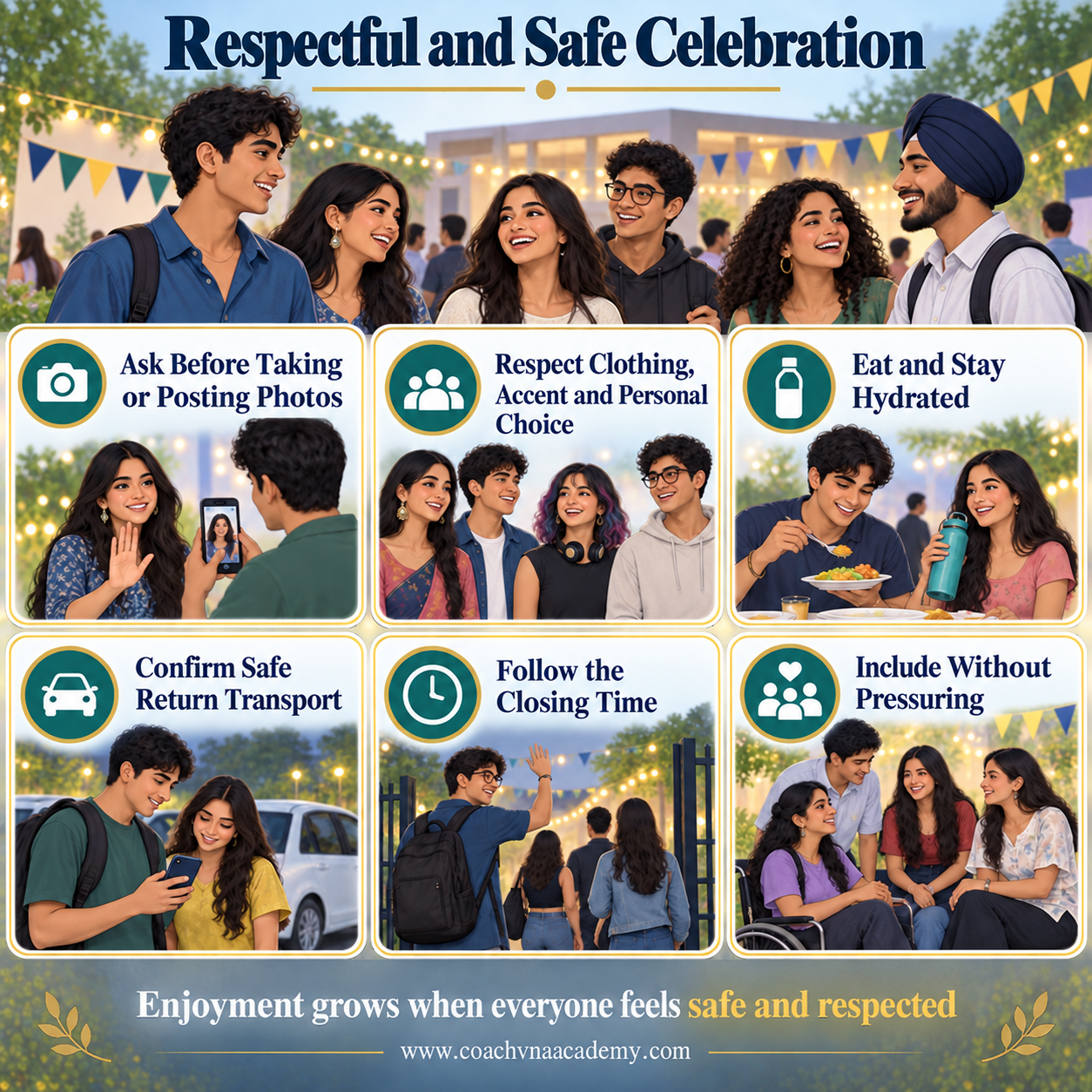 Student checklist for consent, respectful photographs, hydration, transport and safe participation at a college party