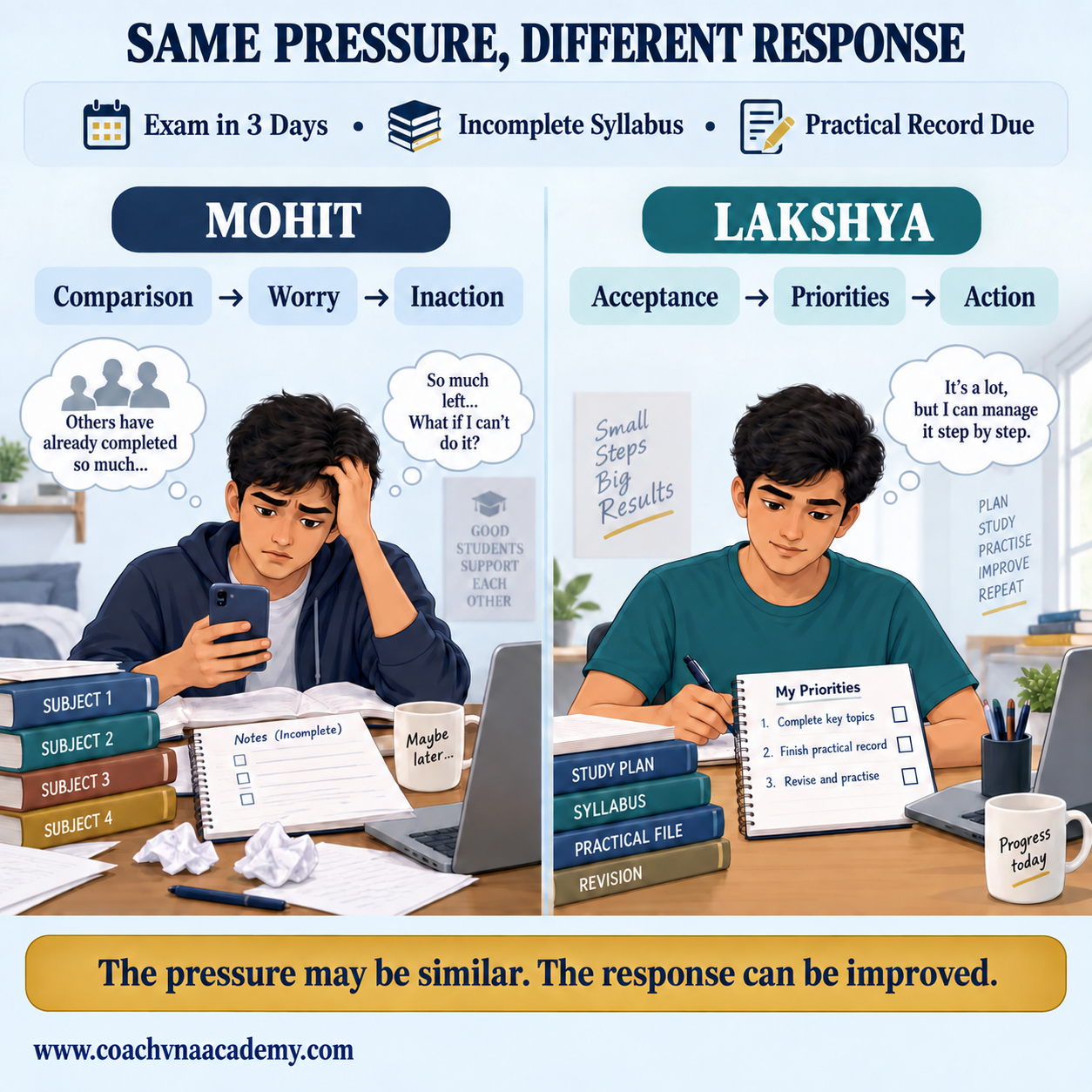 Mohit and Lakshya showing different responses to the same examination pressure
