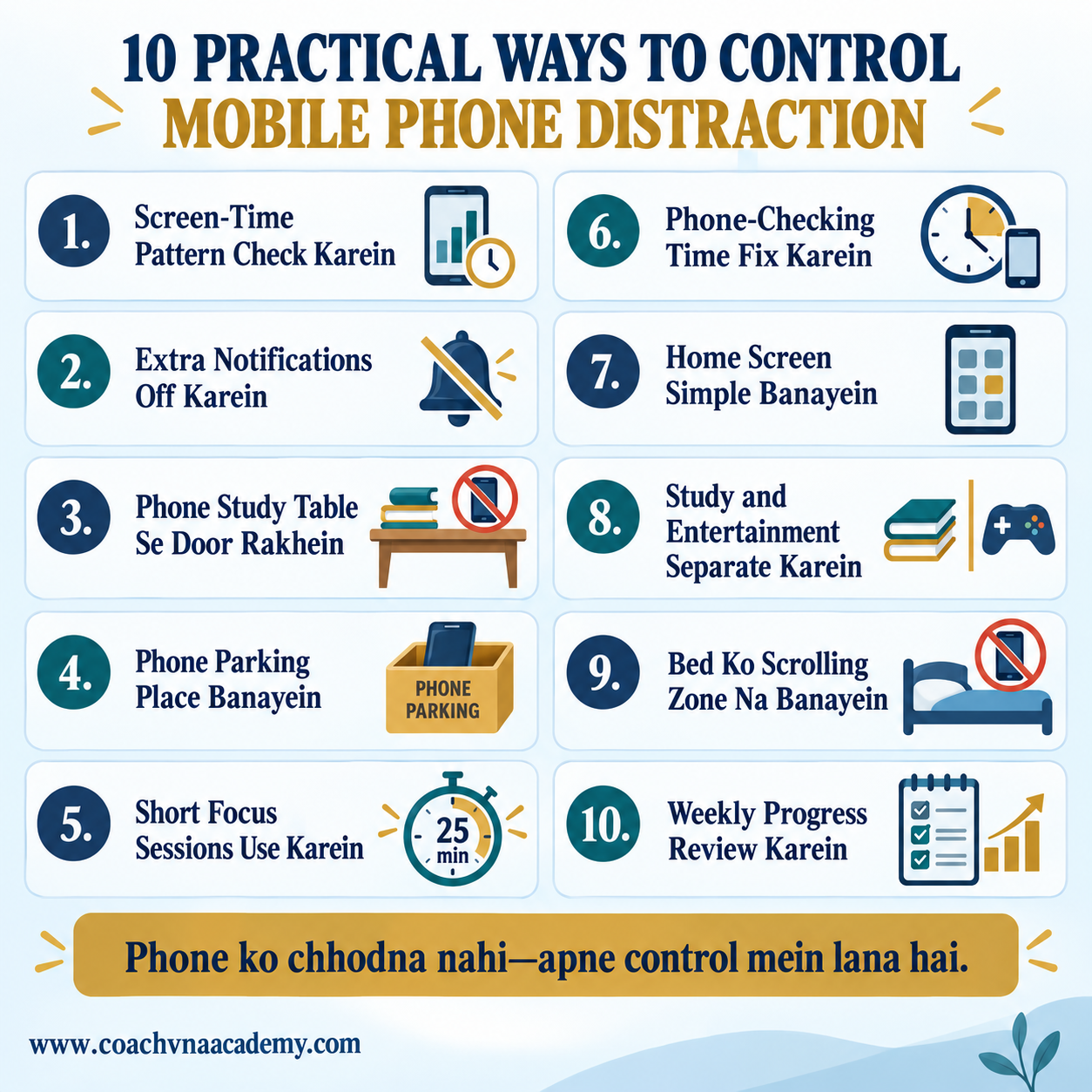 Ten practical ways for college students to control mobile phone distraction during study, class and bedtime.