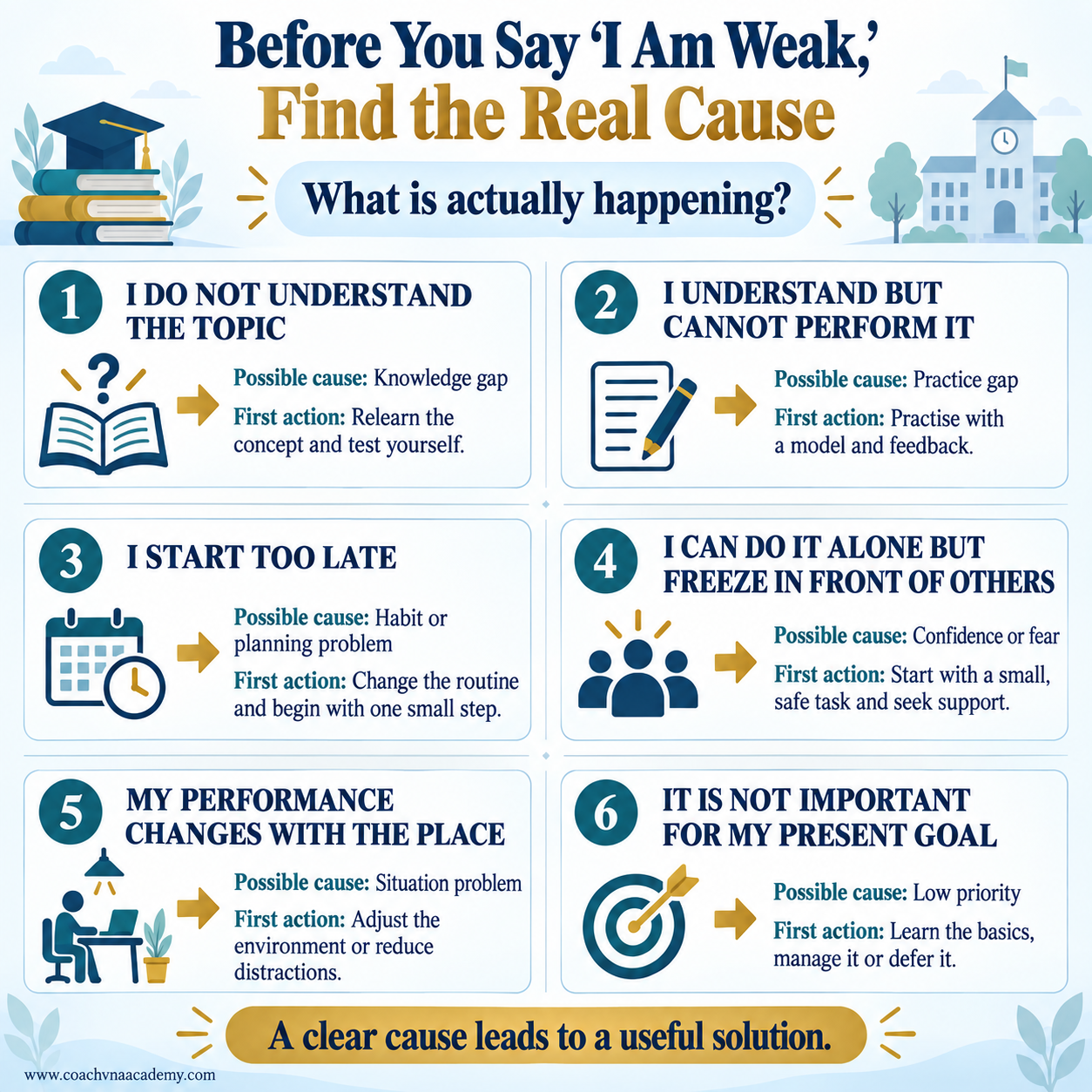 Six common reasons behind a college student’s weakness and a suitable first action.