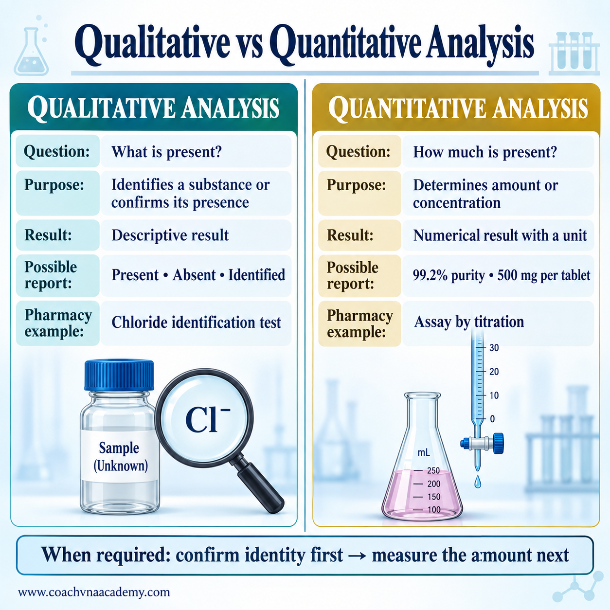 Qualitative versus quantitative analysis comparing purpose, type of result and pharmacy examples using chloride identification and titrimetric assay.