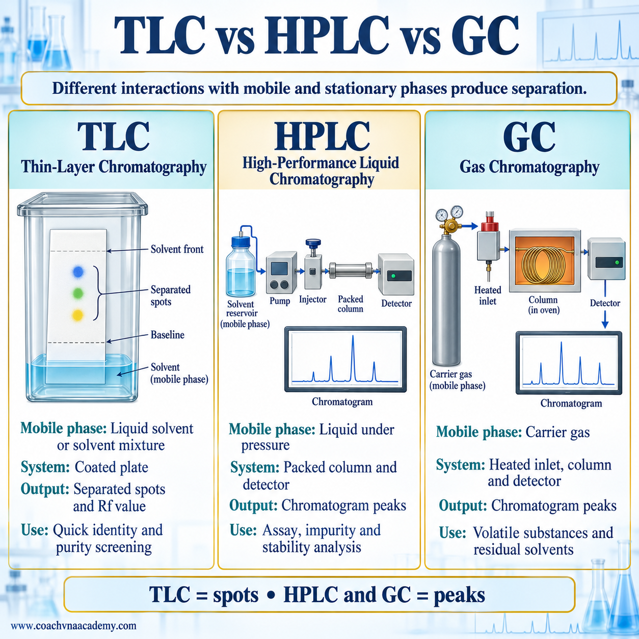 TLC, HPLC and GC comparison showing mobile phase, basic system, output and pharmaceutical applications of each chromatographic technique.