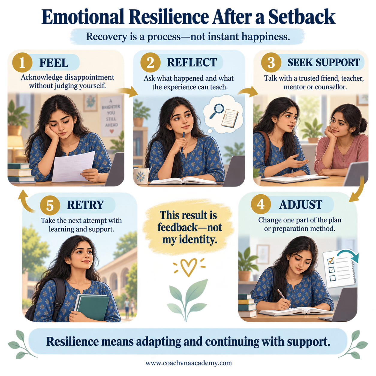 Student emotional resilience pathway from academic setback to reflection, support, adjustment and a new attempt.