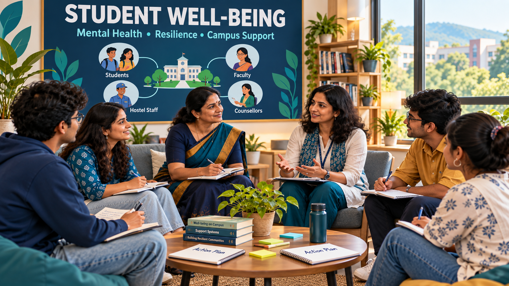 Students and campus staff discussing a student well-being action plan beneath a campus support diagram.