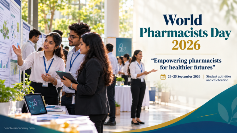 Pharmacy students discussing a poster for World Pharmacists Day 2026 under the theme Empowering pharmacists for healthier futures.