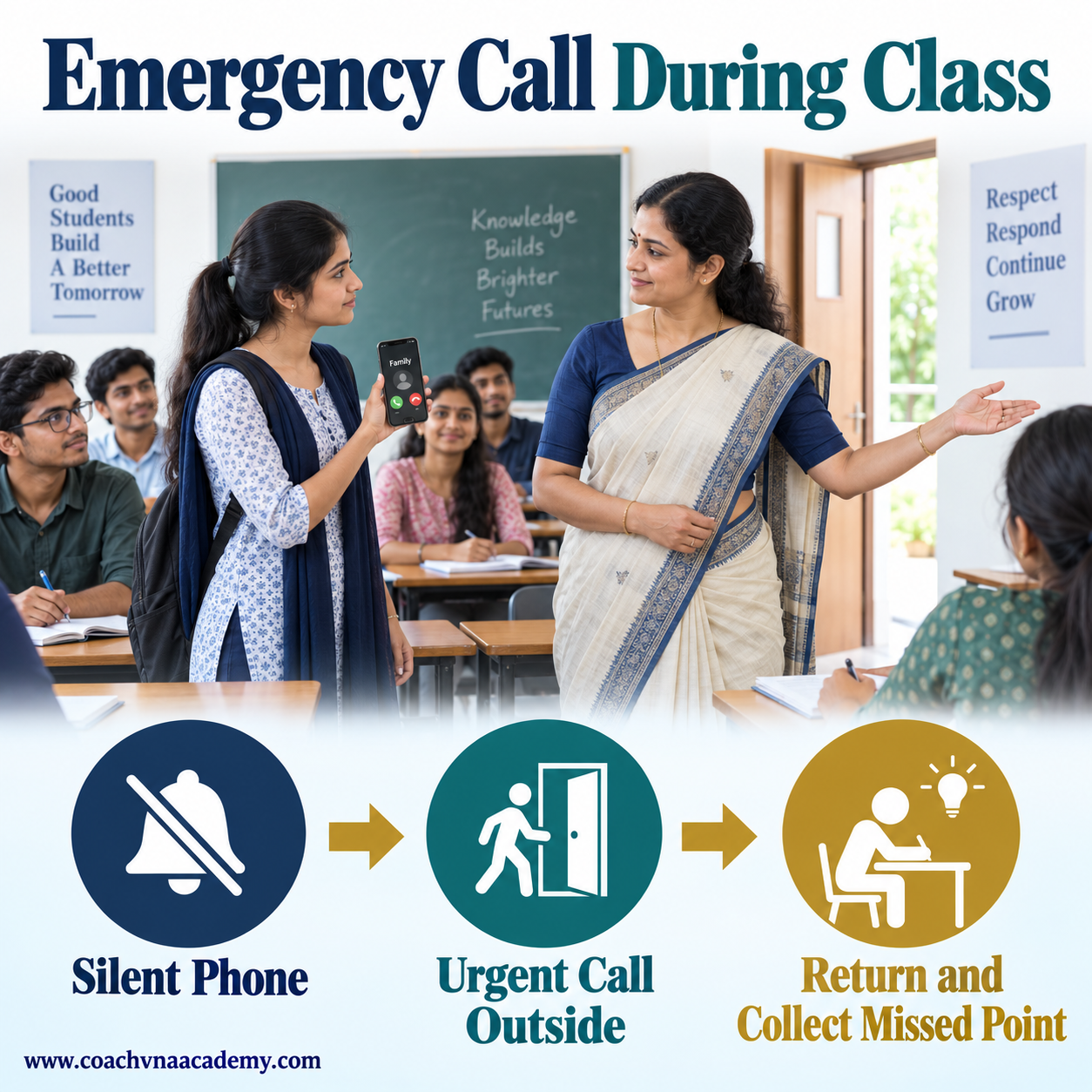 Teacher and student handling an urgent family call during class respectfully.