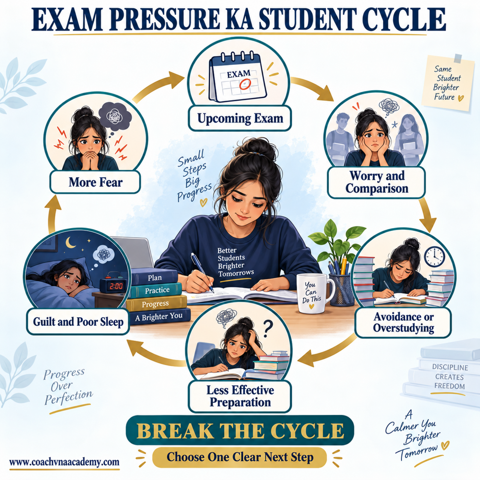 Exam pressure cycle showing how worry, avoidance, poor preparation and guilt increase fear, with one clear next step to break the cycle.