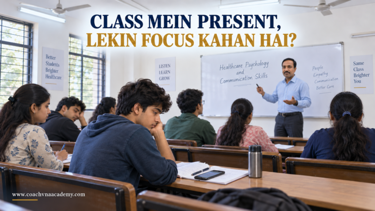 Average Indian college classroom showing a male teacher explaining healthcare psychology and communication skills while one student appears tired and distracted and others take notes.