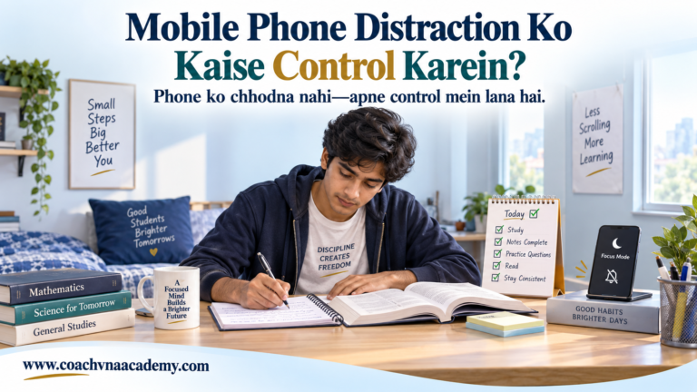 College student studying with a smartphone placed away in Focus Mode to control mobile phone distraction.