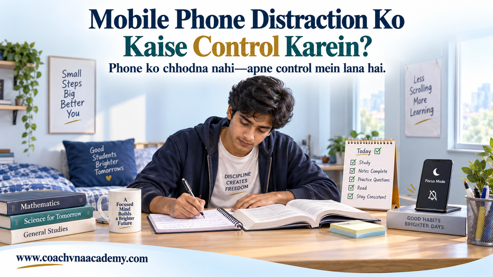 College student studying with a smartphone placed away in Focus Mode to control mobile phone distraction.