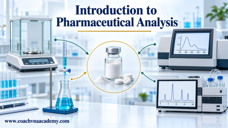Introduction to pharmaceutical analysis showing a central medicine sample with analytical balance, titration, spectroscopy and chromatography techniques.