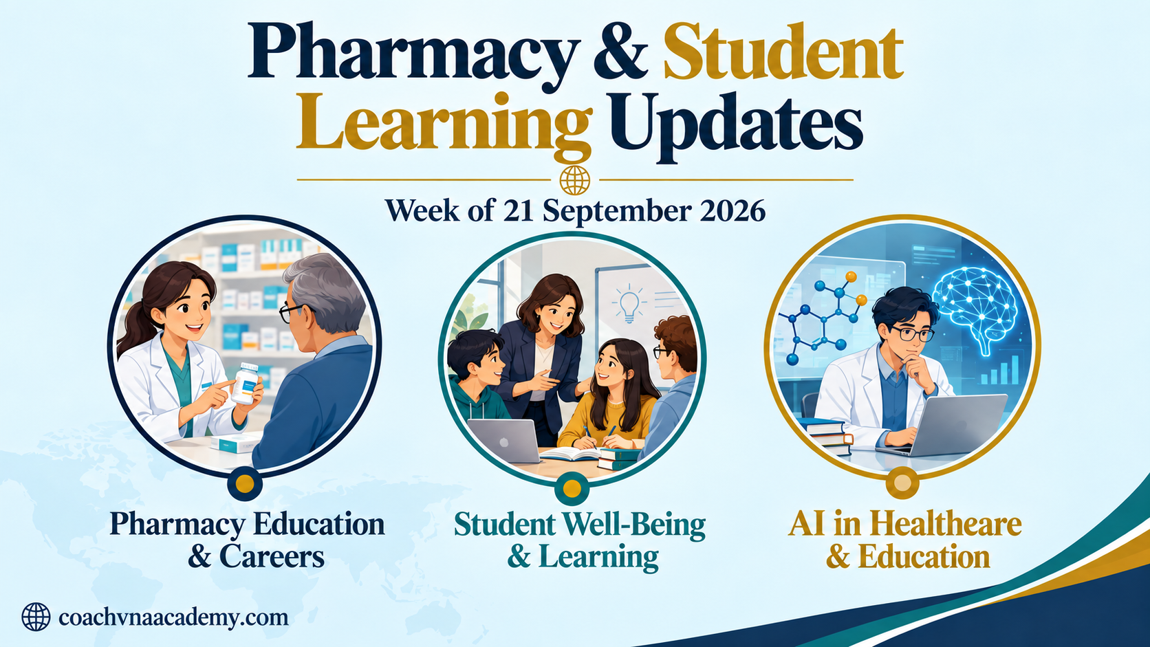 Weekly pharmacy and student learning updates covering pharmacy careers, student well-being, and AI in healthcare and education.