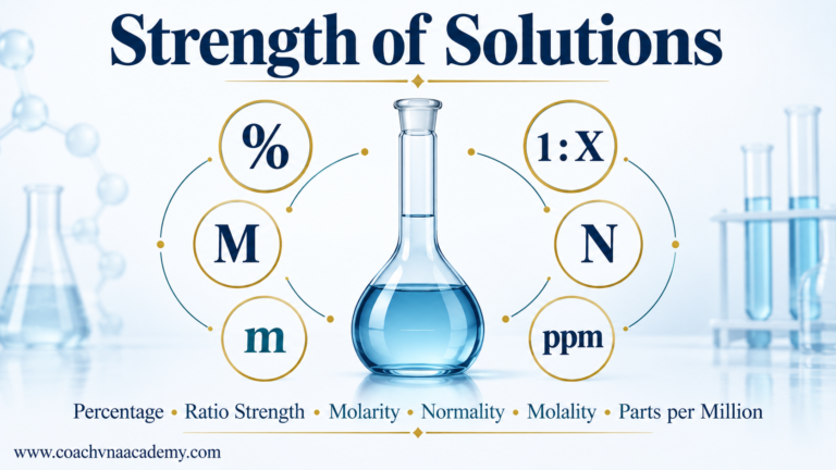 Featured pharmaceutical chemistry image showing a volumetric flask surrounded by percentage, ratio strength, molarity, normality, molality and ppm symbols.