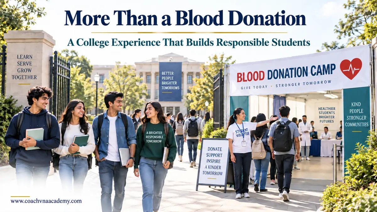 College students approaching a blood donation camp, illustrating how campus participation develops responsible students.