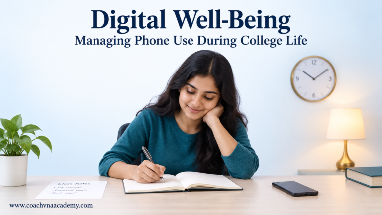 College student balancing phone use, study focus and healthy daily routine.