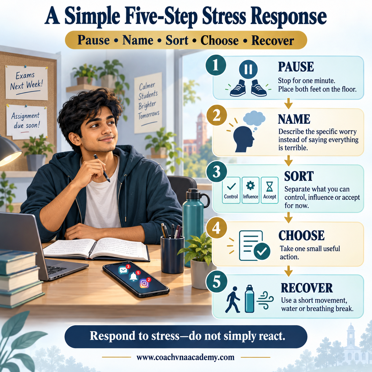 Five-step stress-management process for students: pause, name, sort, choose and recover.