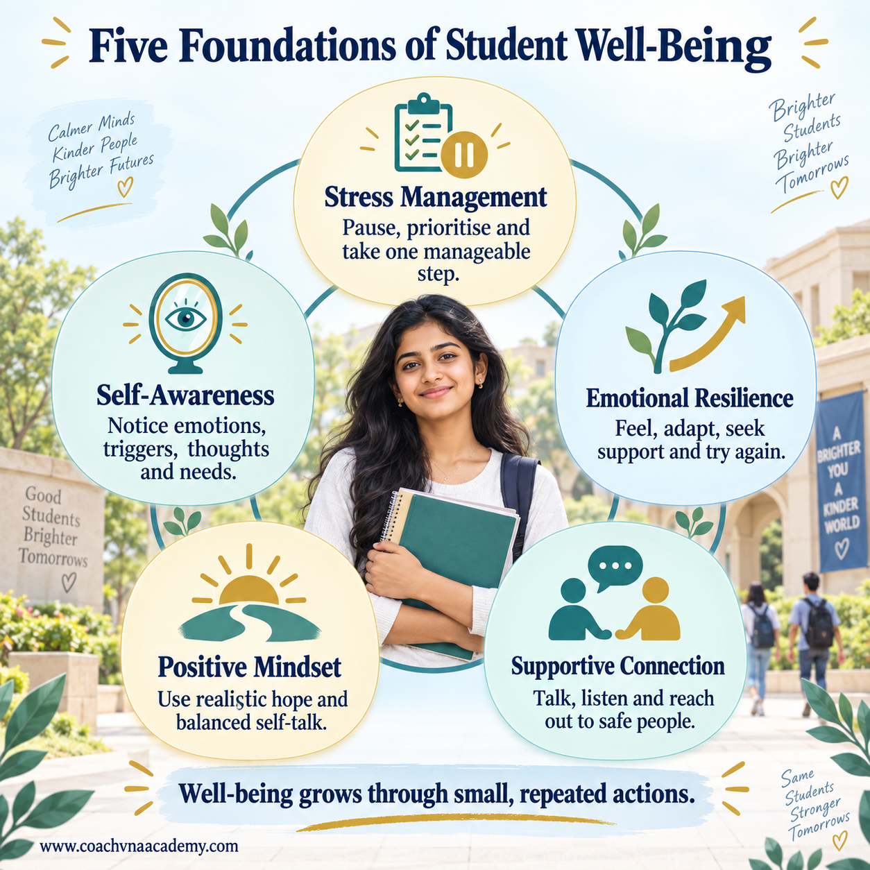college students supporting one another while developing mental and emotional well-being through conversation, reflection and balanced study habits.