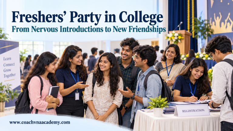 First-year students building friendships and confidence during a college Freshers’ Party coordinated by senior students under faculty guidance.