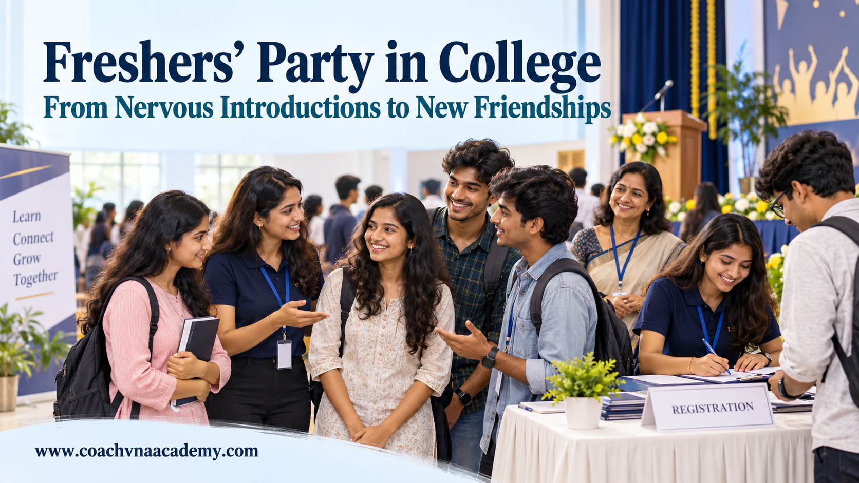 First-year students building friendships and confidence during a college Freshers’ Party coordinated by senior students under faculty guidance.