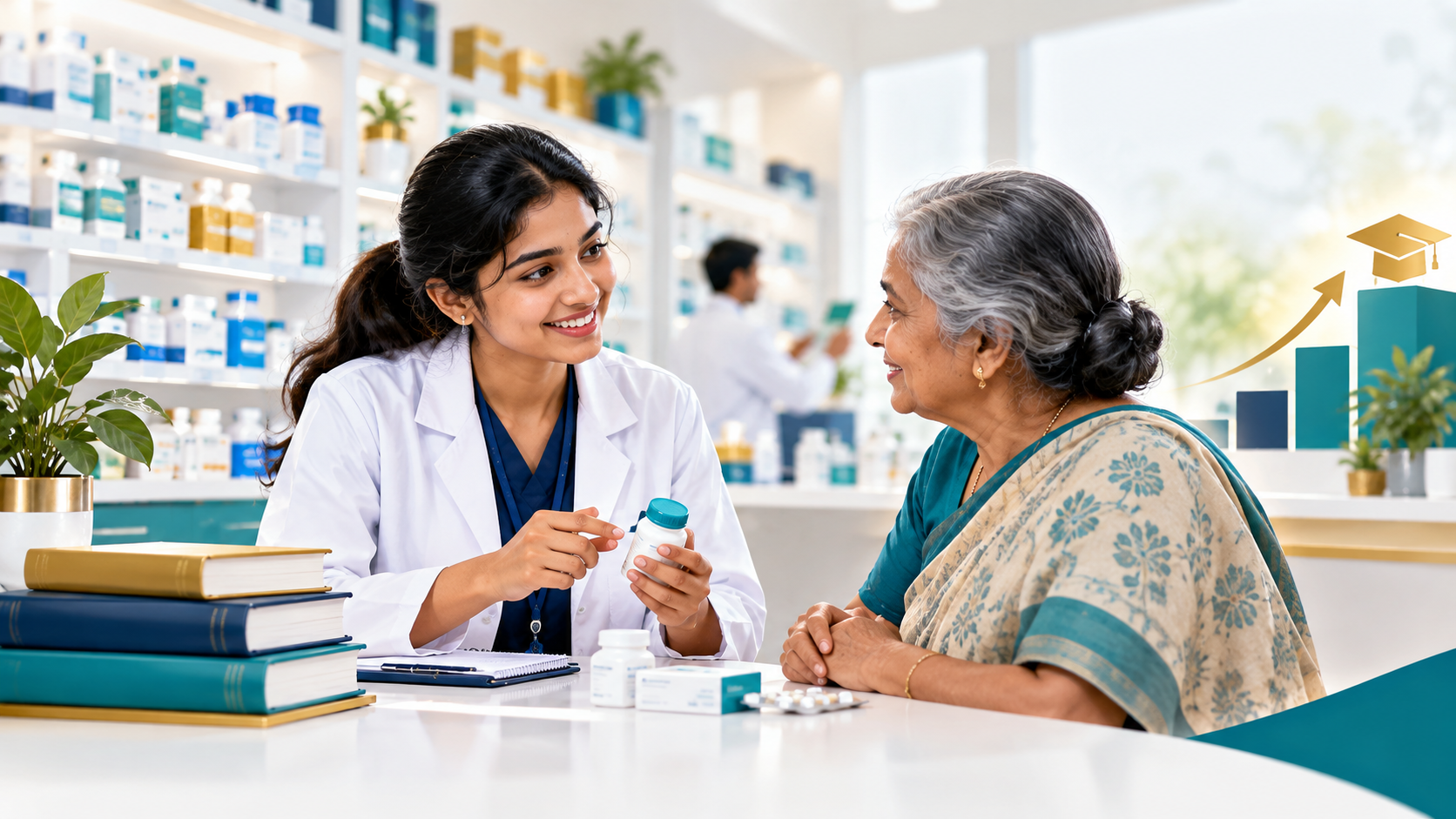 Pharmacy student discussing medicine use with an older patient in a community pharmacy.