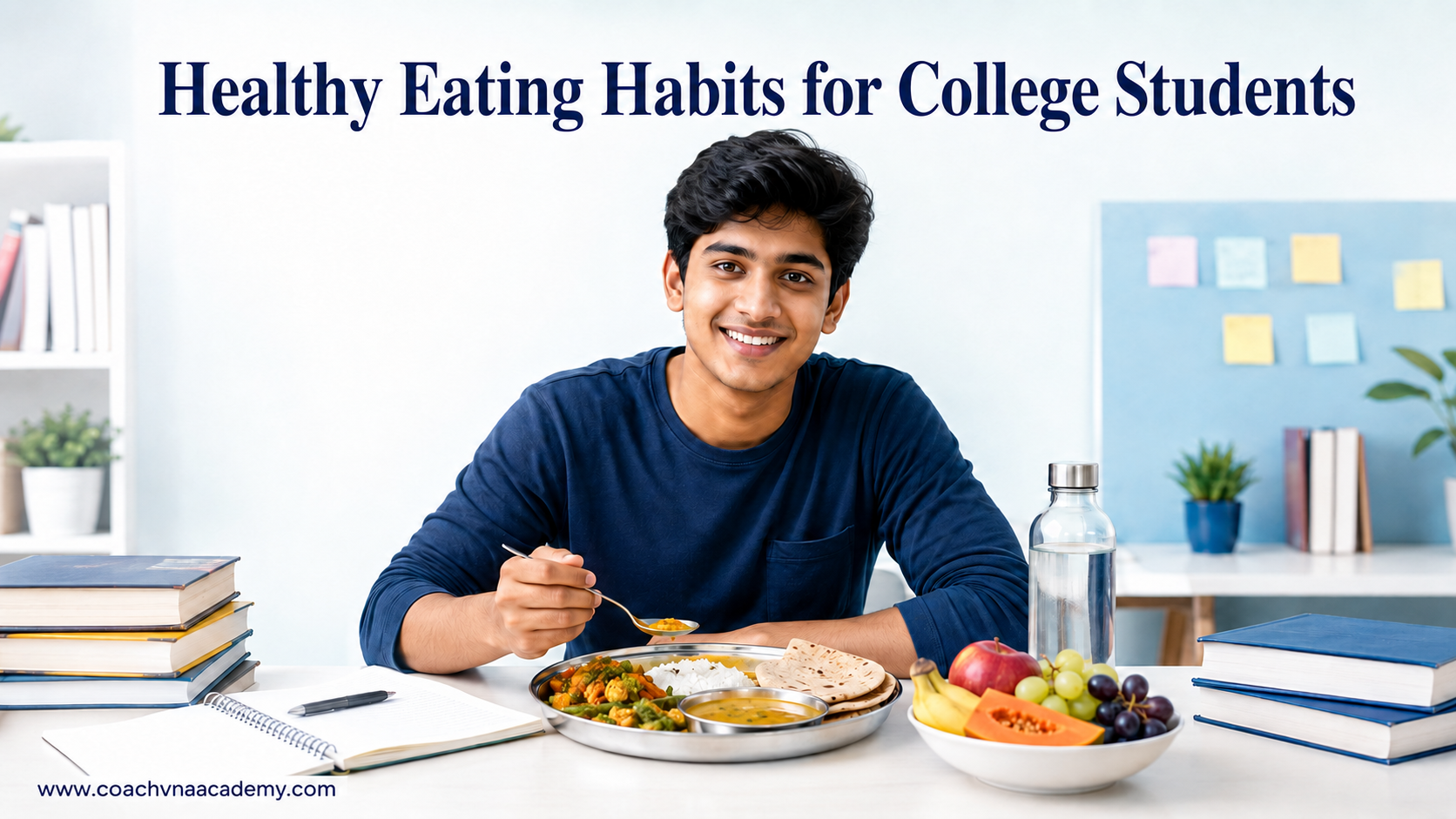 College student following healthy eating habits with a balanced Indian meal.