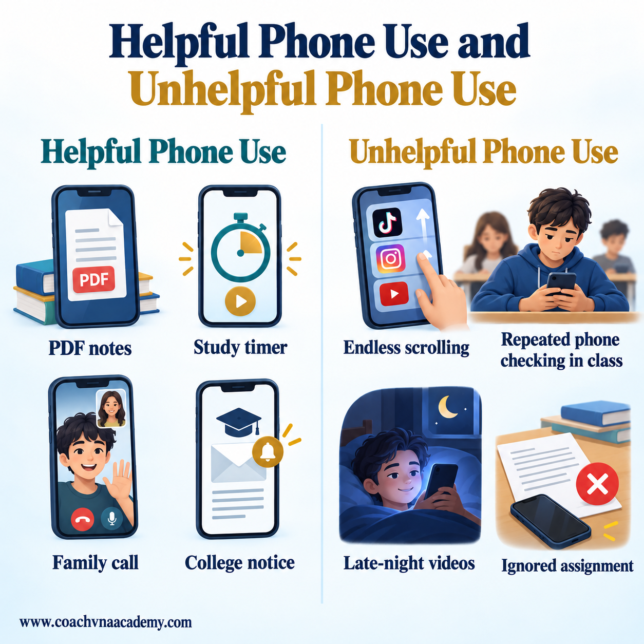 Comparison of helpful and unhelpful phone use during college life.