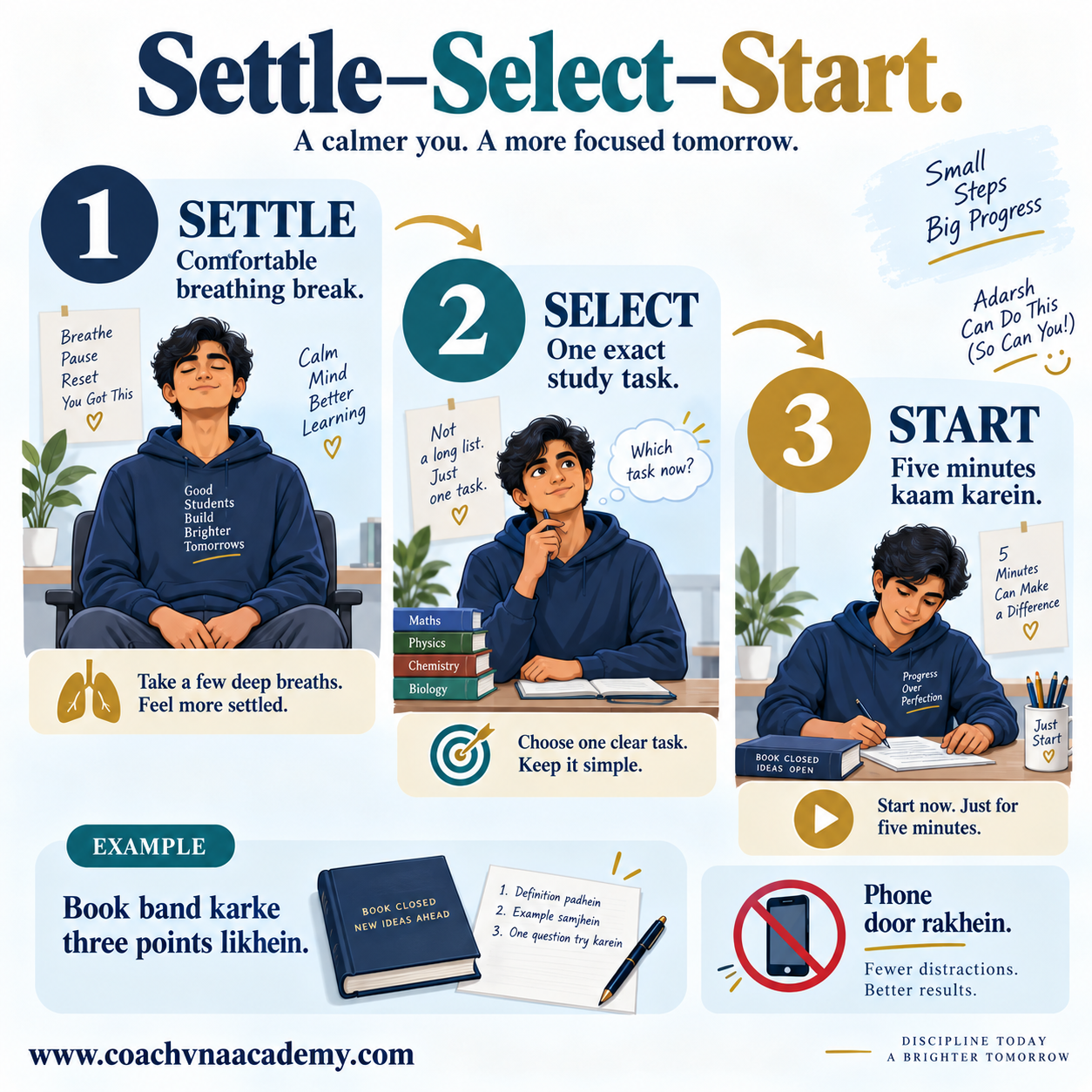 Three-step study routine combining a comfortable breathing break, one clear  academic task and five minutes of focused work.