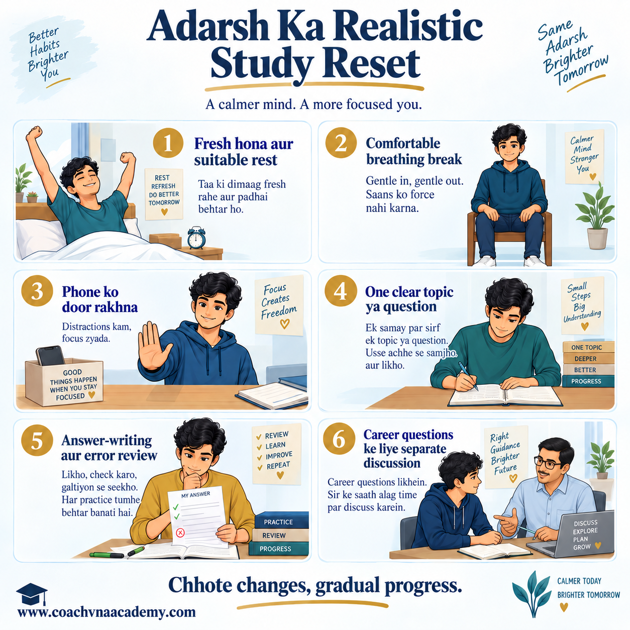 Adarsh’s realistic day-scholar study routine combining rest, slow breathing, focused revision, answer-writing and separate career guidance.