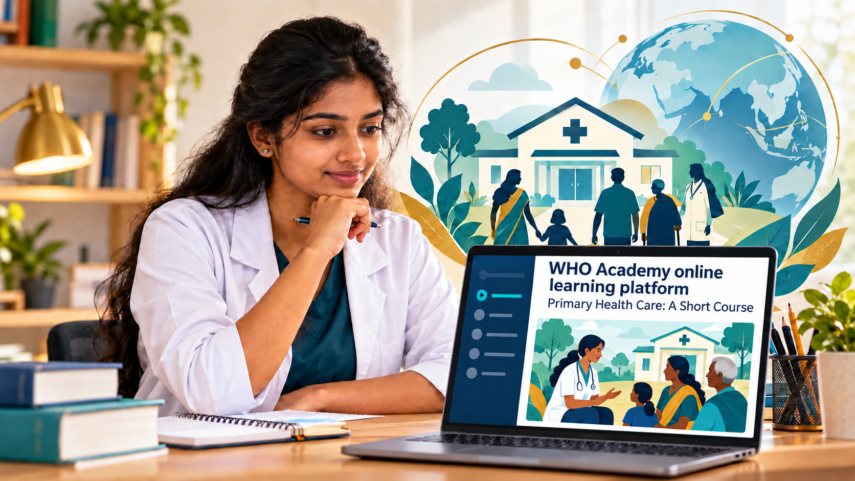 Pharmacy student viewing an illustrated WHO Academy primary health care course on a laptop.