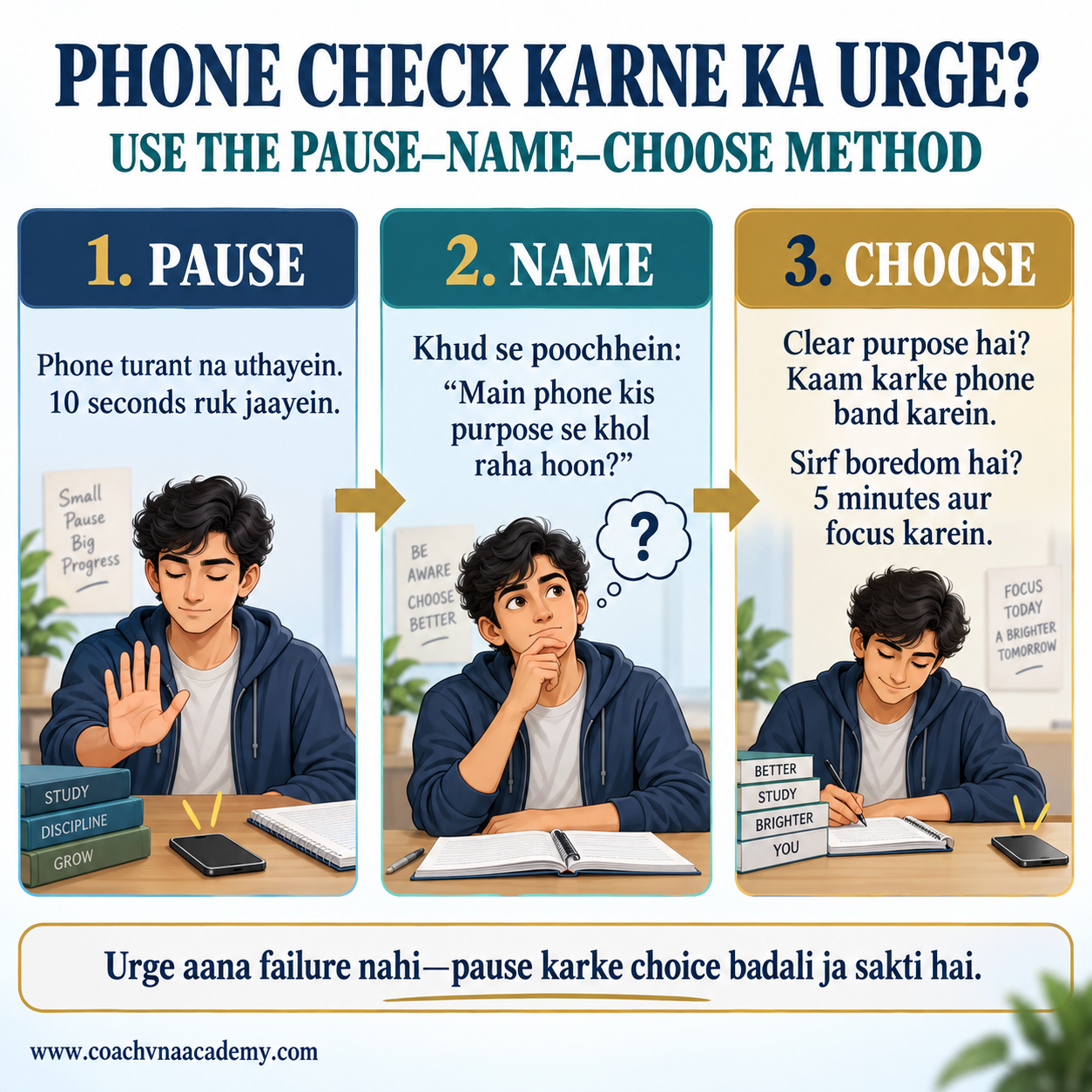 Three-step Pause–Name–Choose method helping students manage the urge to check their mobile phone during focused study.