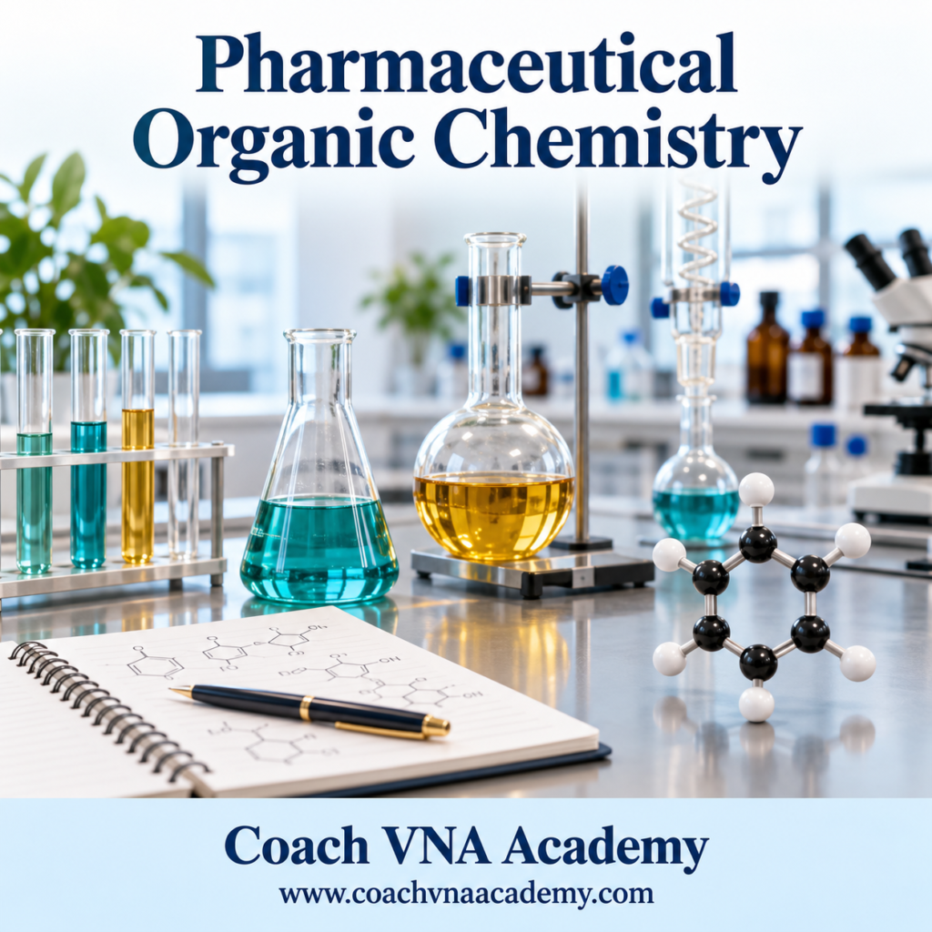 Pharmaceutical Organic Chemistry laboratory featuring reaction glassware, molecular structures and an organic molecular model.