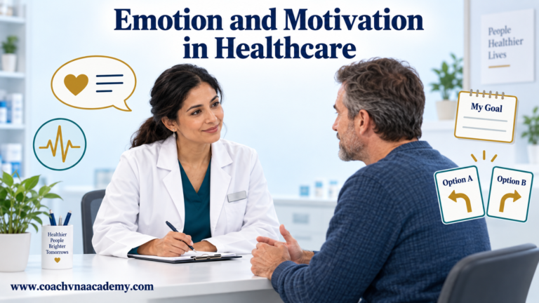 Pharmacist listening respectfully to an adult patient, with visual cues representing expressed feelings, bodily activation, a personal goal and supportive choices.