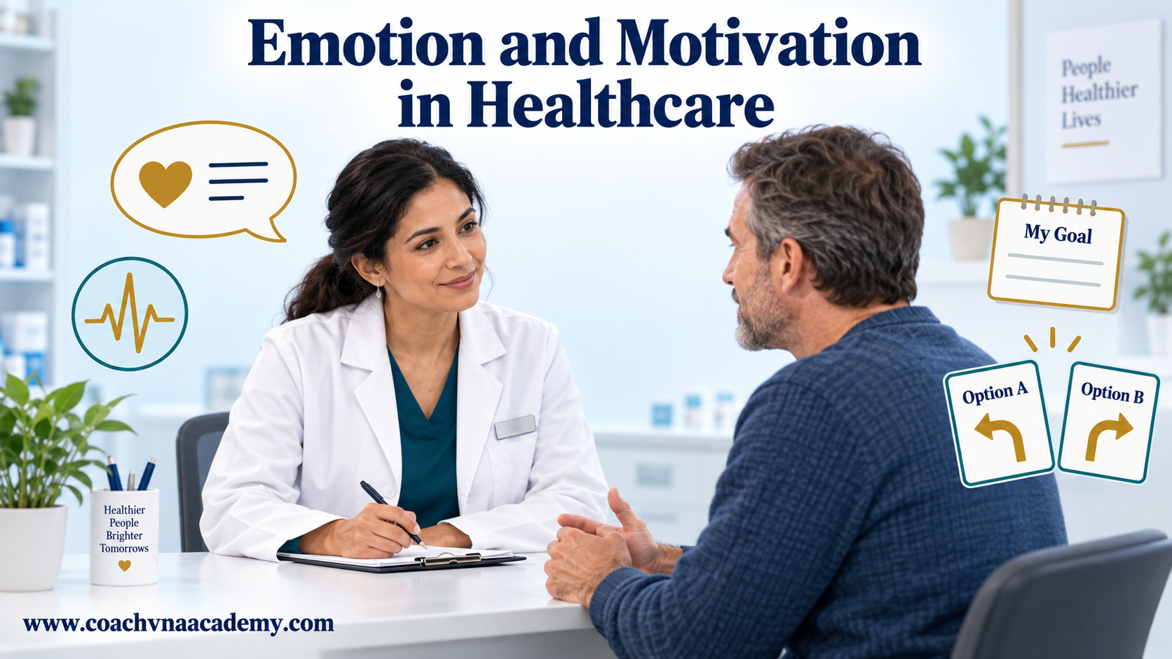 Pharmacist listening respectfully to an adult patient, with visual cues representing expressed feelings, bodily activation, a personal goal and supportive choices.