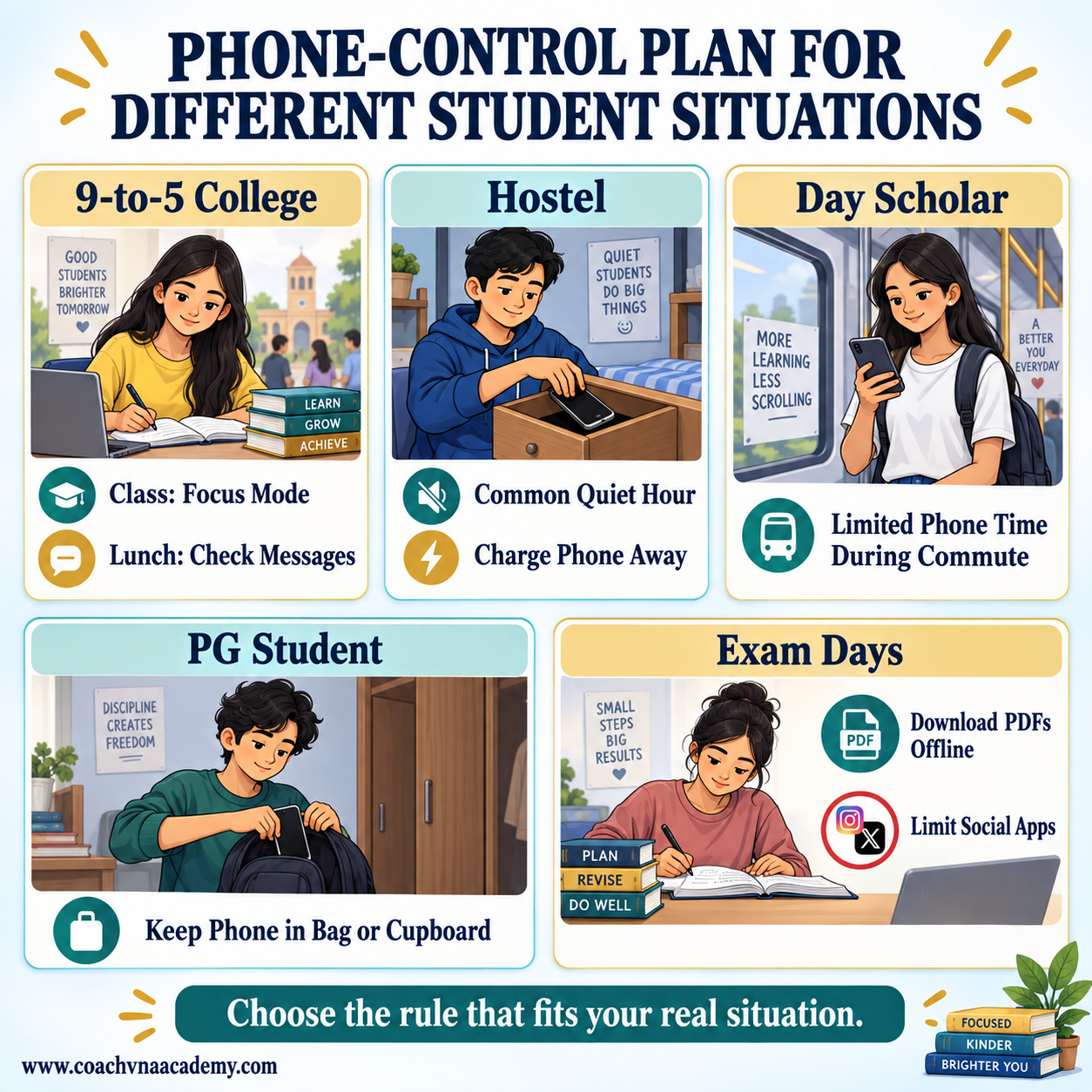 Practical mobile phone control plan for regular college students, hostel students, day scholars, PG students and students preparing for examinations.