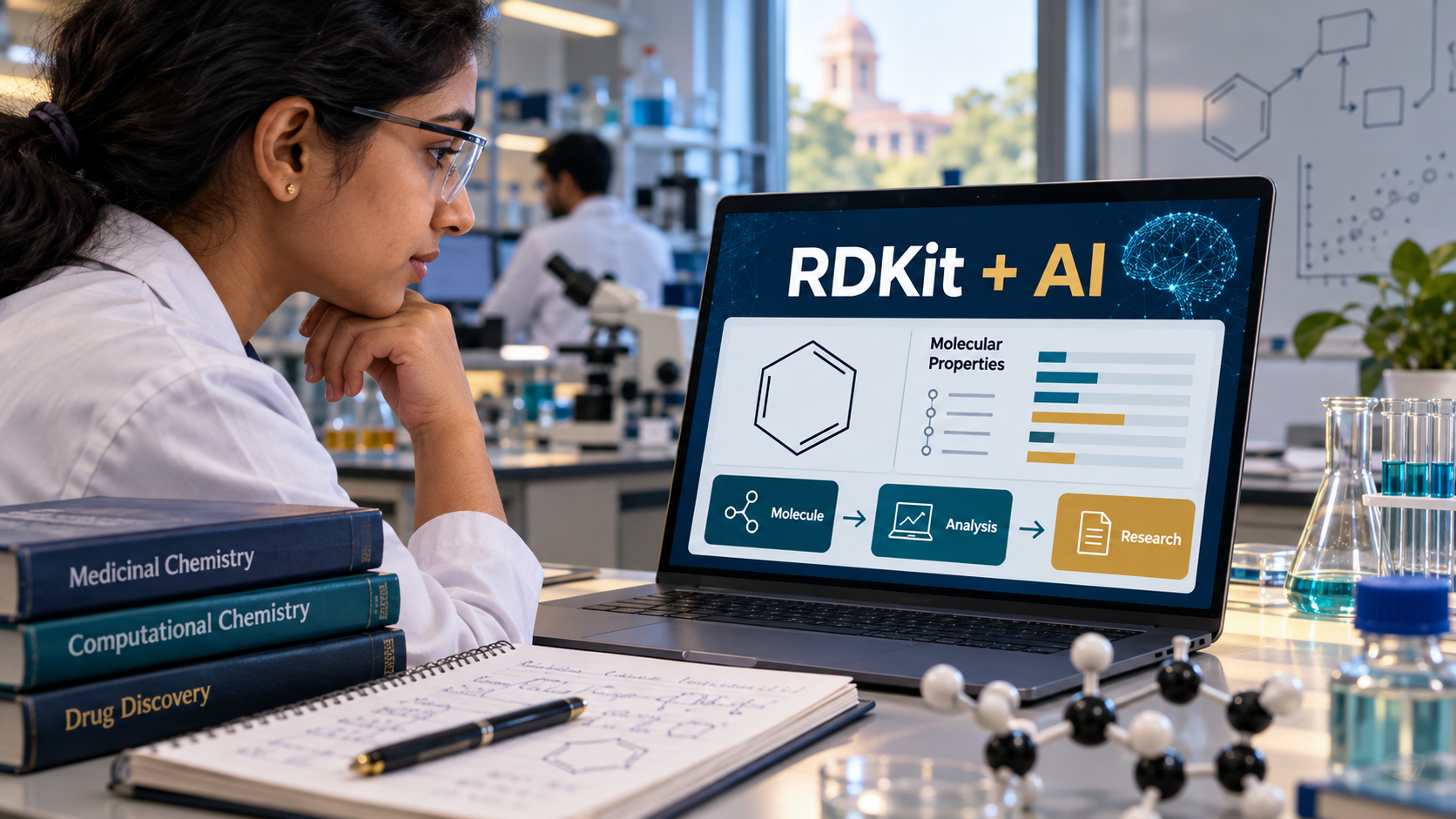 Pharmaceutical chemistry researcher reviewing an RDKit and AI molecular analysis on a laptop