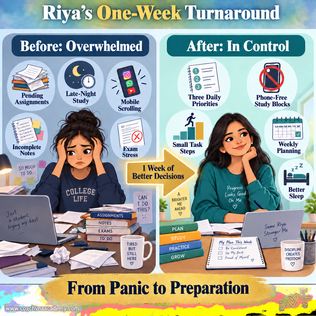 Riya changes from an overwhelmed student to a confident student through better time-management habits.