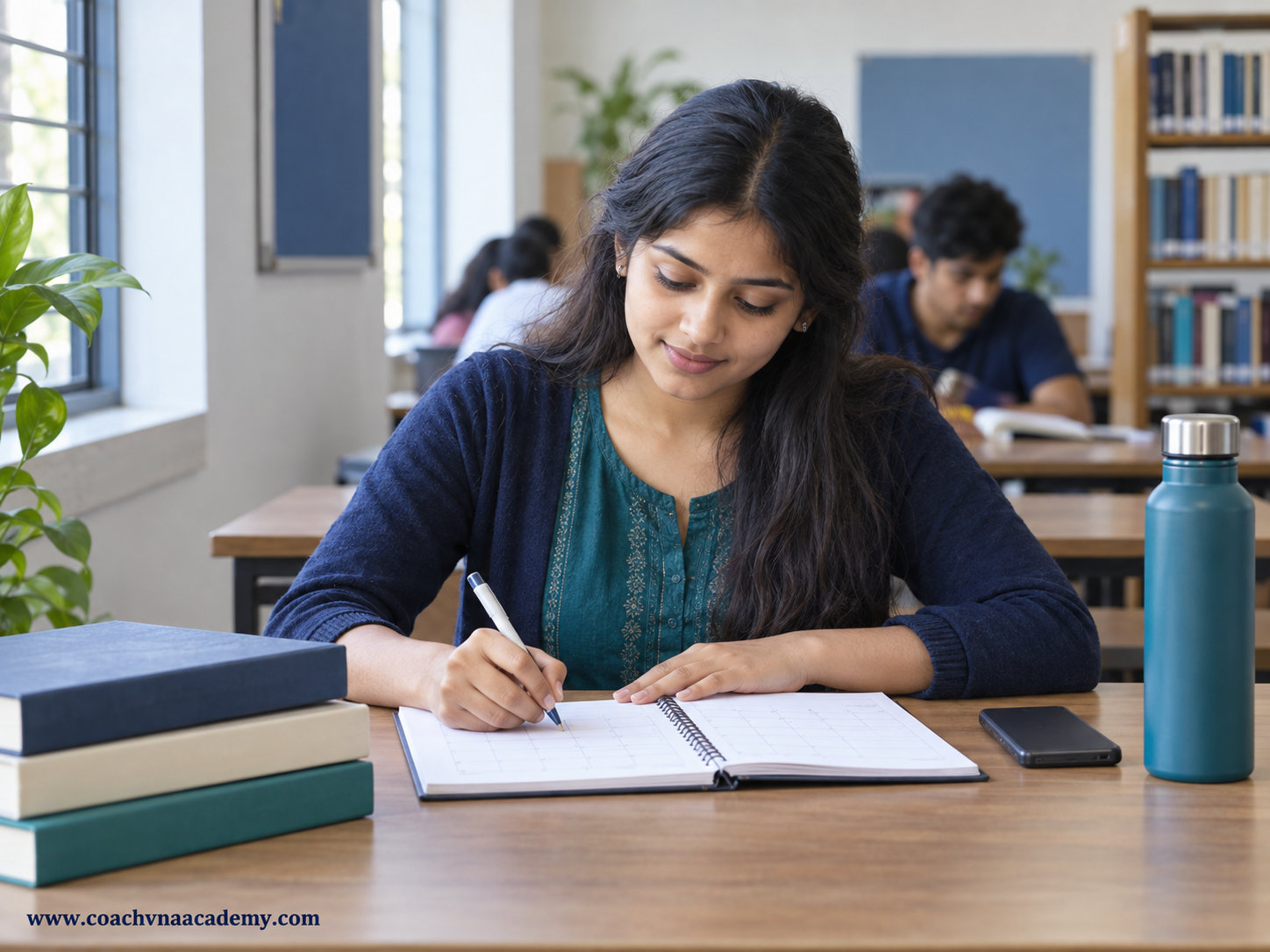 Indian college student planning her studies in a simple college library with books, a notebook, phone kept aside and water bottle.