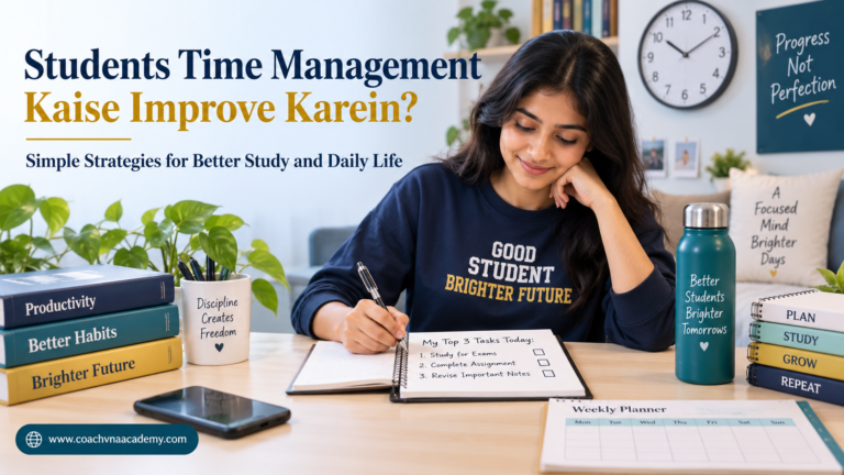 Indian college student planning three important tasks at a study desk with books, weekly planner, wall clock and phone kept away, representing effective student time management.