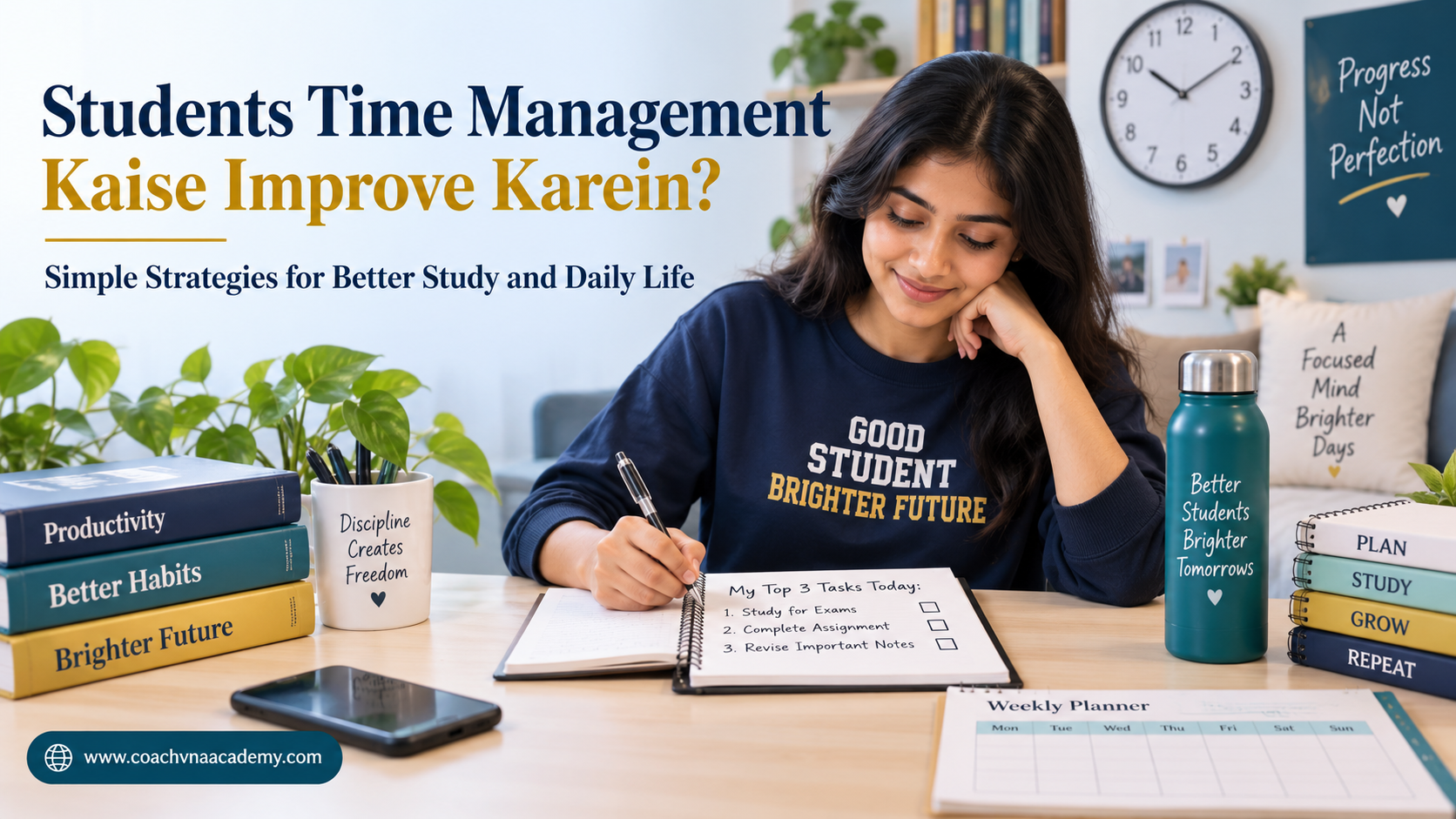 Indian college student planning three important tasks at a study desk with books, weekly planner, wall clock and phone kept away, representing effective student time management.