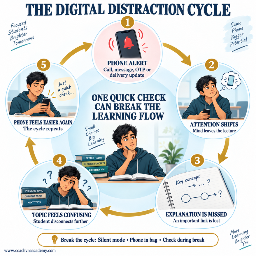 Digital-distraction cycle showing how a phone alert shifts attention, causes a missed explanation, creates confusion and encourages another phone check.