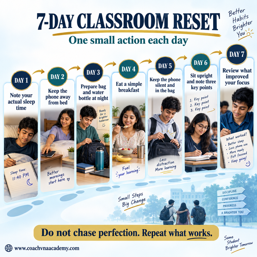 Seven-day classroom reset covering sleep tracking, reduced bedtime phone use, advance preparation, breakfast, phone boundaries, active posture and focus review.