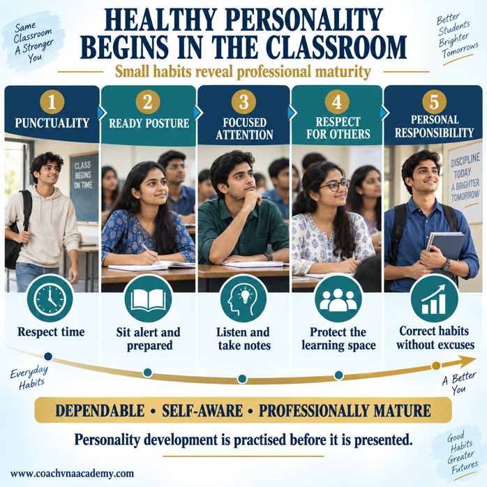 Five-part infographic connecting punctuality, ready posture, focused attention, respect and personal responsibility with professional maturity.