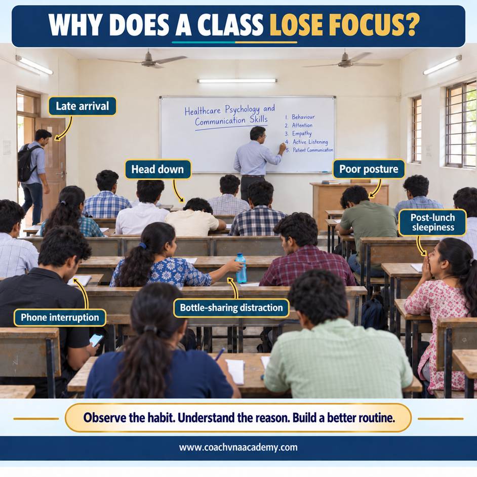 Indian college classroom showing late arrival, head-down posture, poor sitting posture, phone interruption, bottle-sharing distraction and post-lunch sleepiness during a lecture.